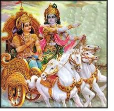 Sri Krishna telling bhagavad gita karma yoga bhakti yoga to arujuna on the battlefield